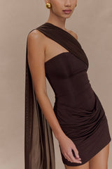 Mattea Slinky And Mesh Mini Dress With Scarf - Dark Chocolate