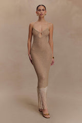 Raelynn Metallic Knit Fringe Midi Dress - Gold