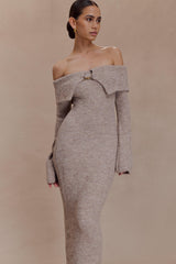 Baxter Off Shoulder Fluffy Knit Midi Dress - Taupe Marle