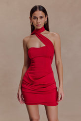 Mattea Slinky And Mesh Mini Dress With Scarf - Red