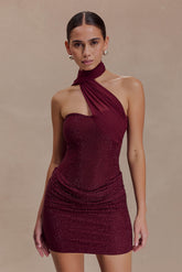 Mattea Diamante Mini Dress With Scarf - Plum