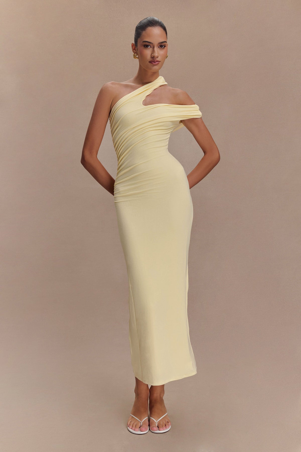 Anastasia One Shoulder Modal Midi Dress - Pale Lemon