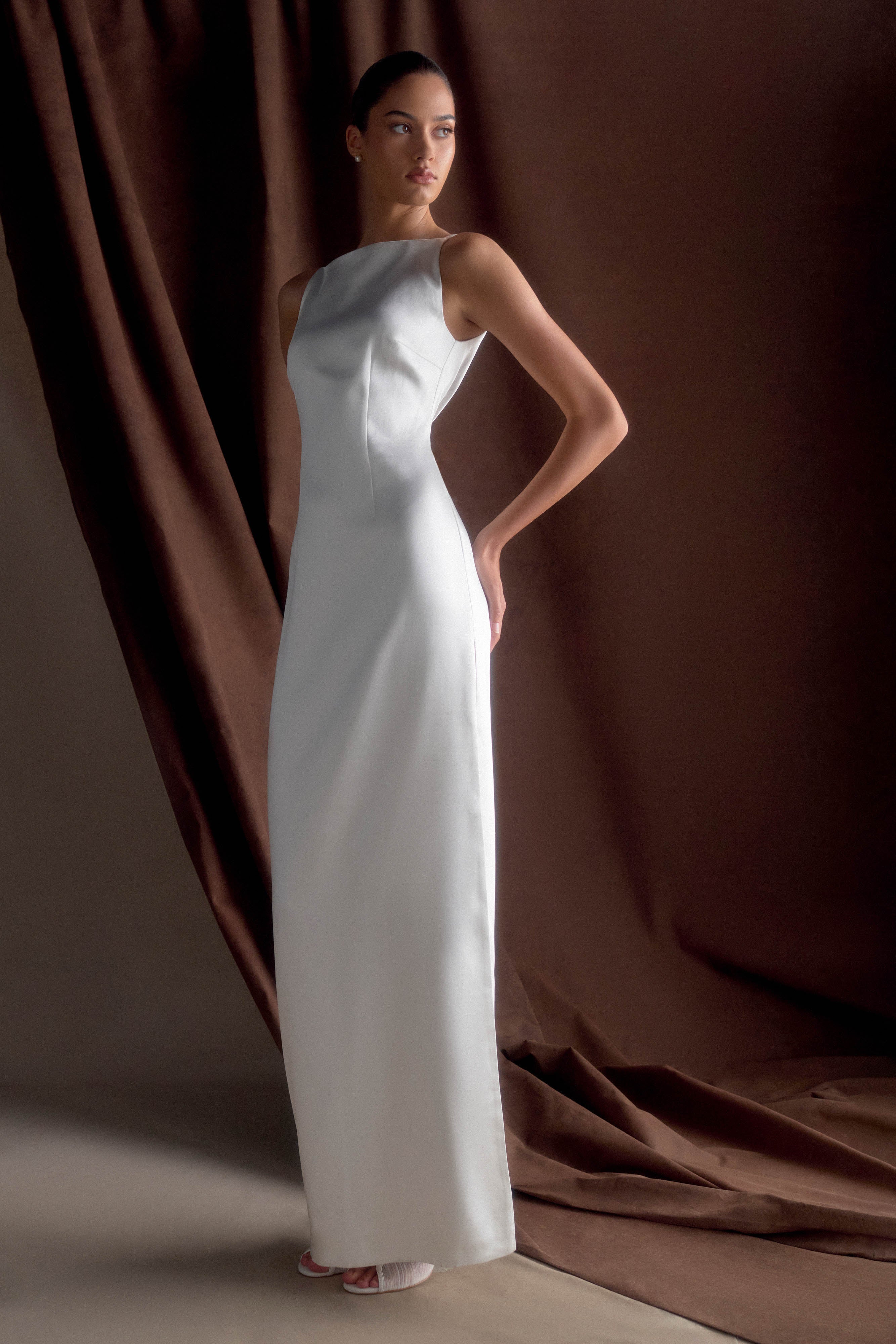 Violet Sleeveless Satin Maxi Dress - White