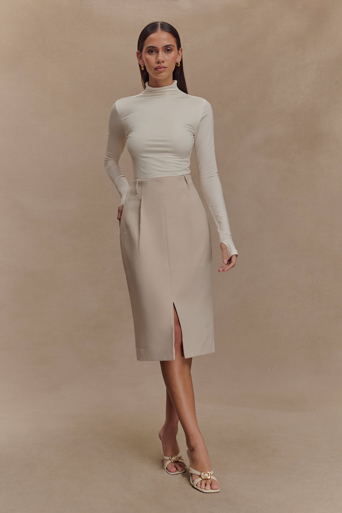 Vera Suiting Split Front Midi Skirt - Ivory Stone