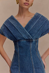Pascale Off Shoulder Denim Mini Dress - Washed Dark Blue