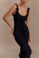 Shay Lace Ruffle Knit Midi Dress - Black