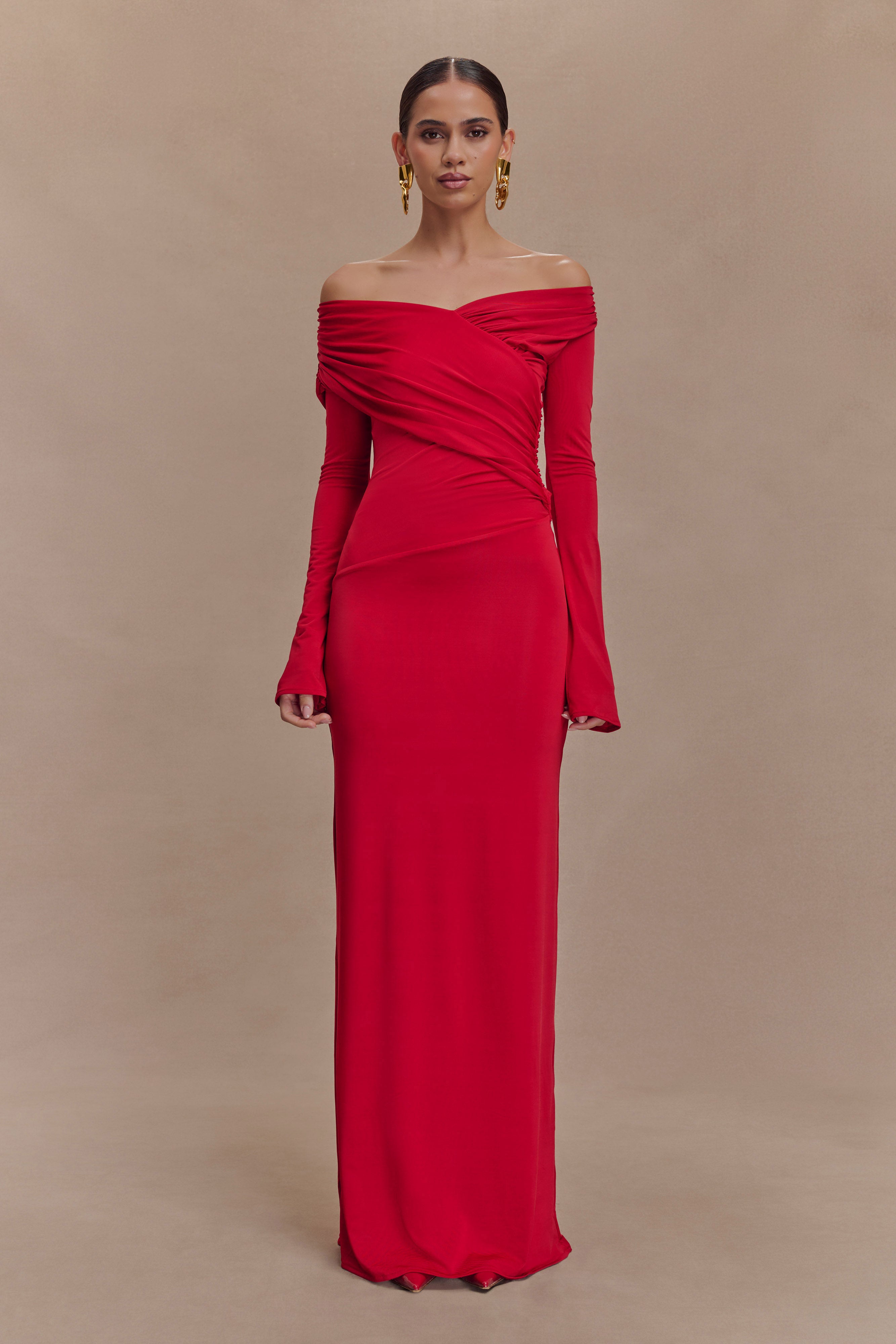 Therese Off Shoulder Ruched Maxi Dress - Red
