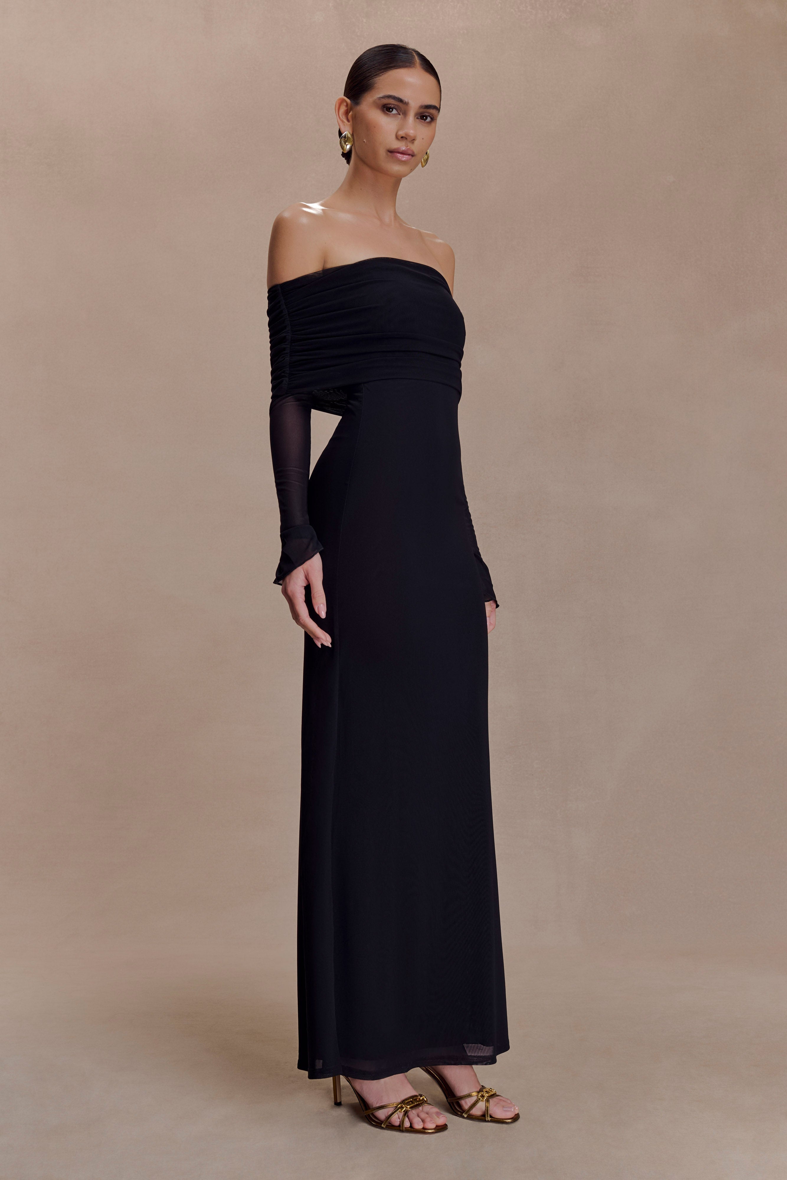 Josie Off Shoulder Mesh Maxi Dress - Black