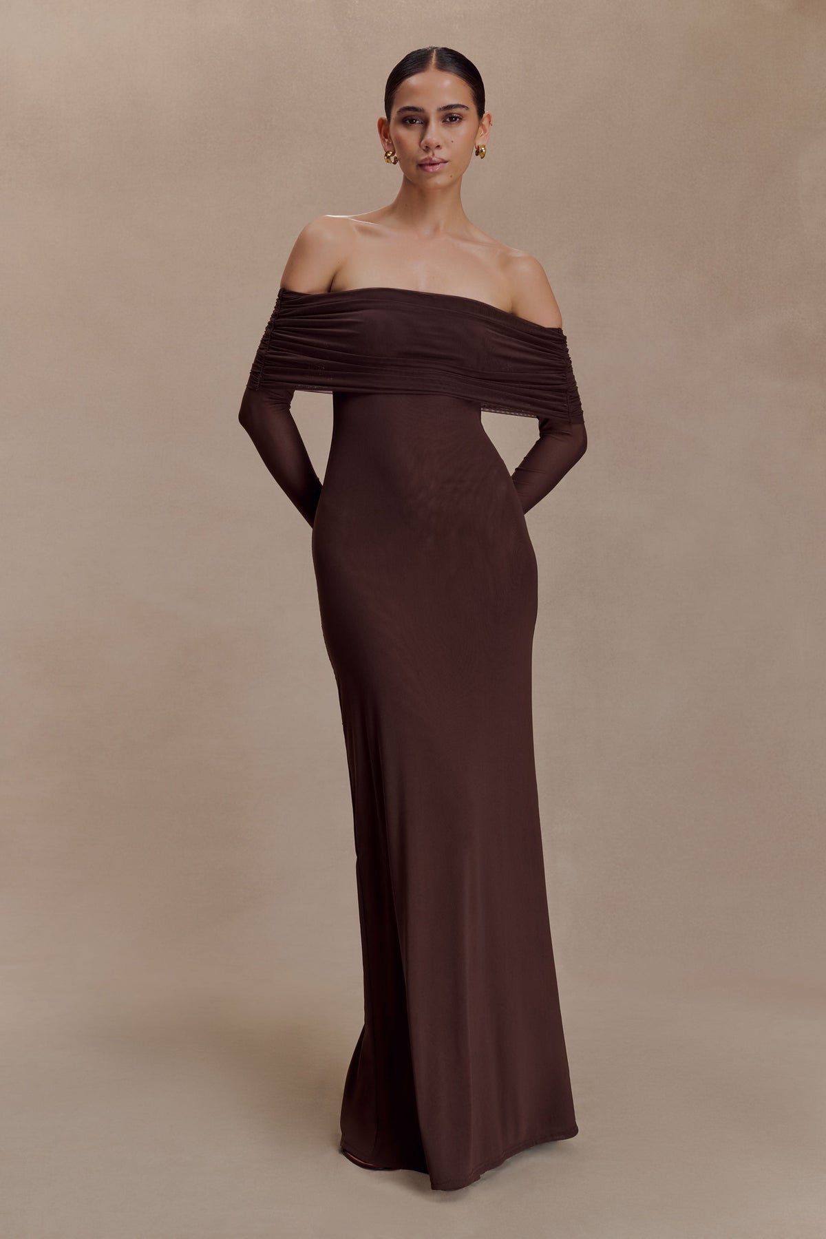 Josie Off Shoulder Mesh Maxi Dress - Dark Brown