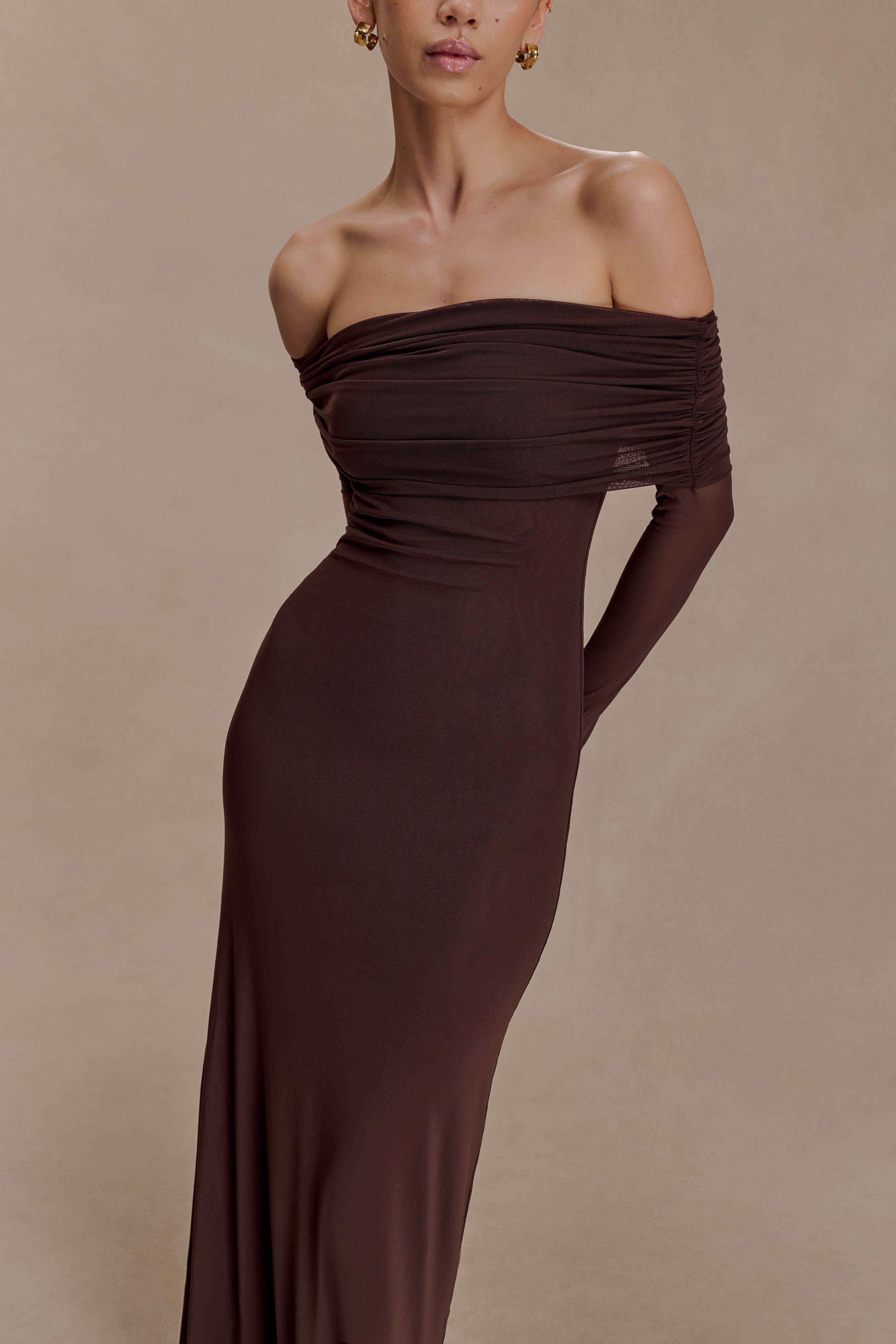 Josie Off Shoulder Mesh Maxi Dress - Dark Brown
