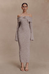 Baxter Off Shoulder Fluffy Knit Midi Dress - Taupe Marle