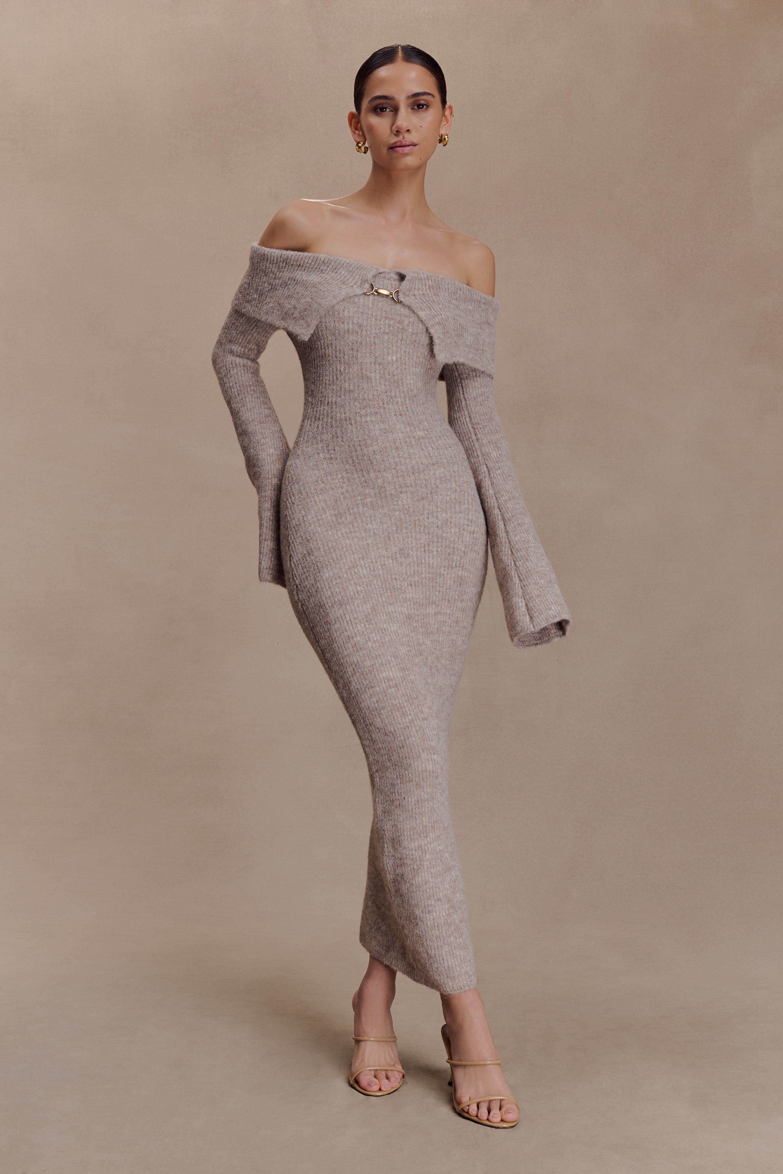 Baxter Off Shoulder Fluffy Knit Midi Dress - Taupe Marle