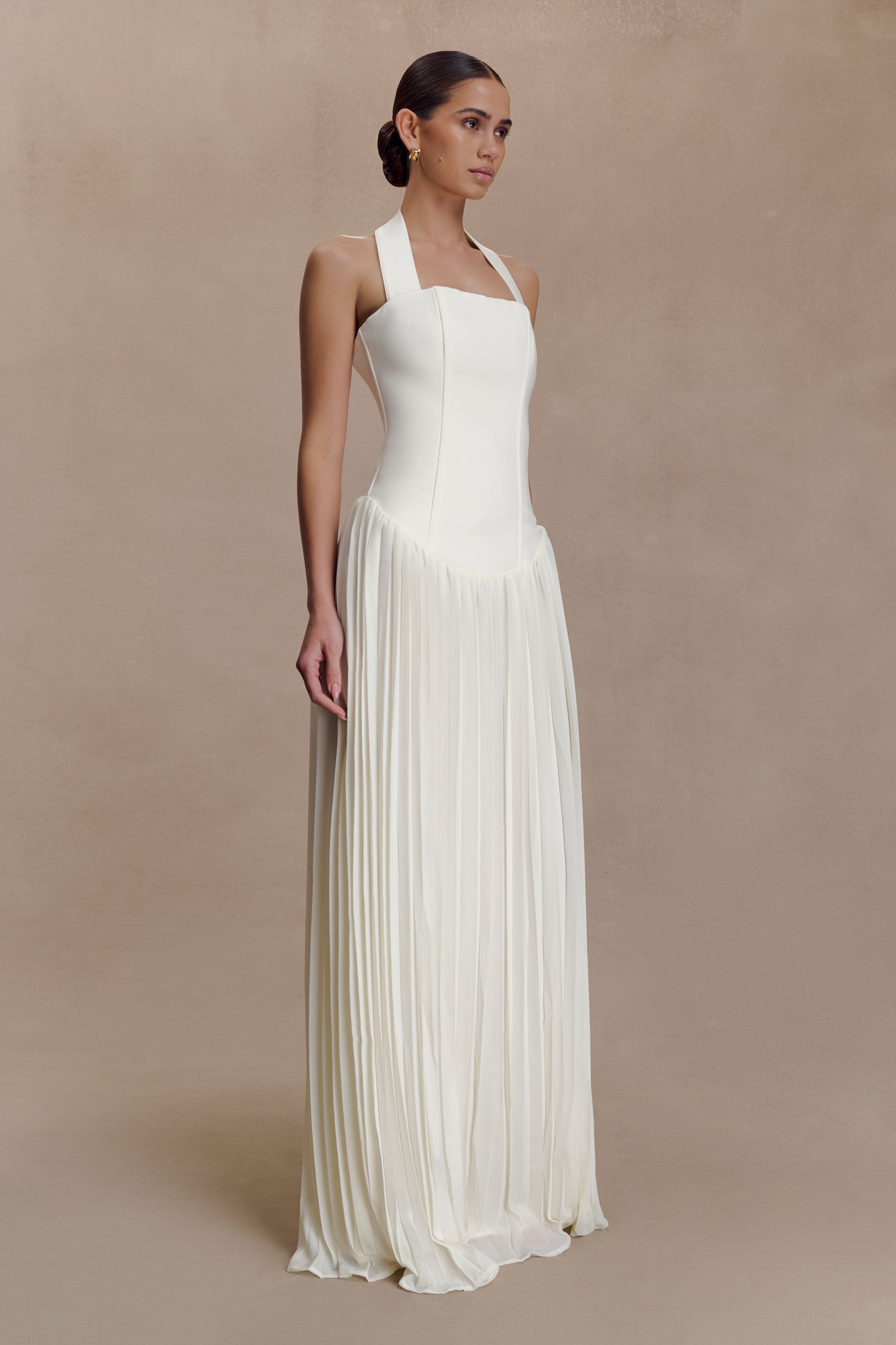 Stacie Pleated Halter Maxi Dress - Ivory
