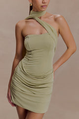 Mattea Slinky And Mesh Mini Dress With Scarf - Sage