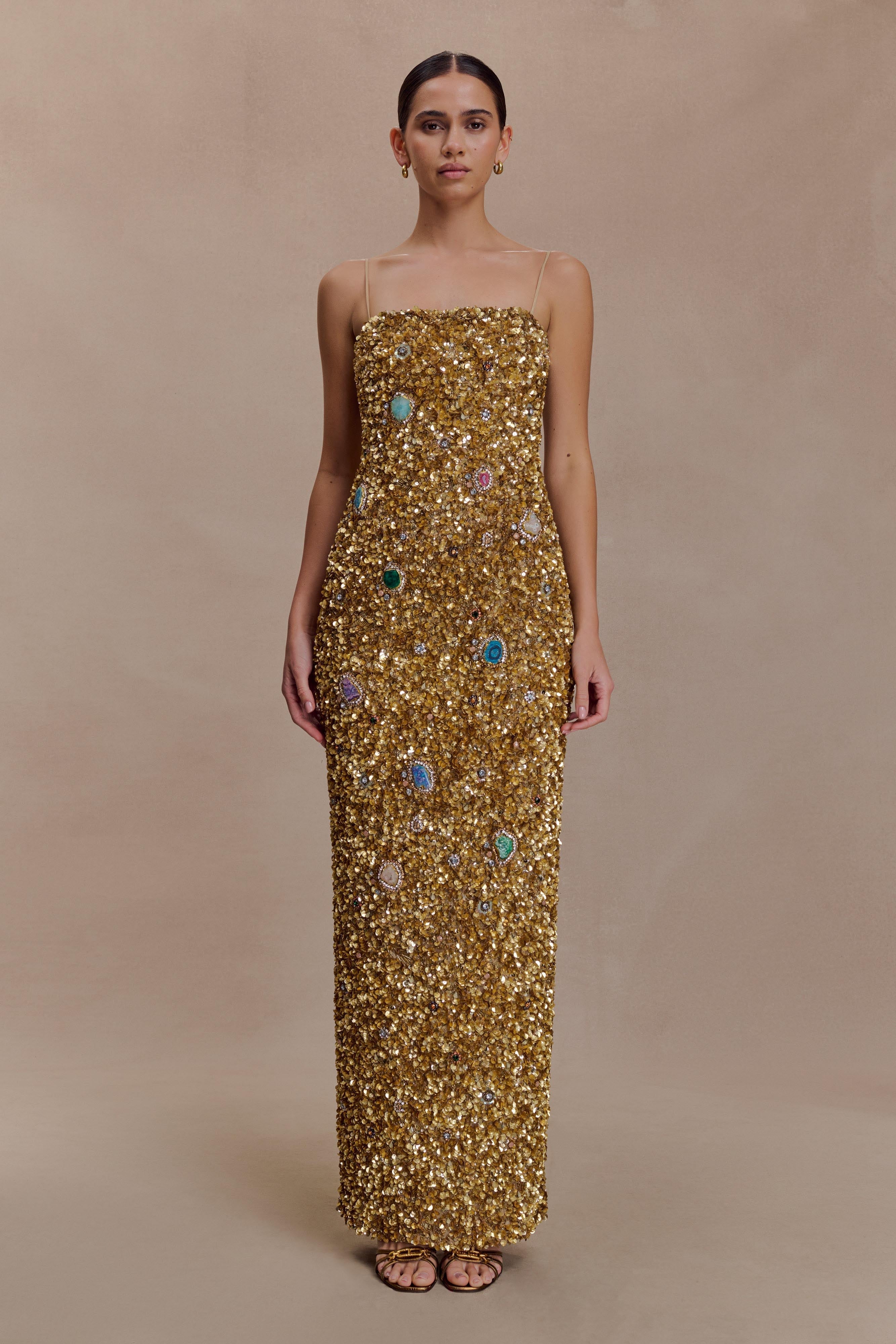 Porter Hand Beaded Midi Dress - Gold