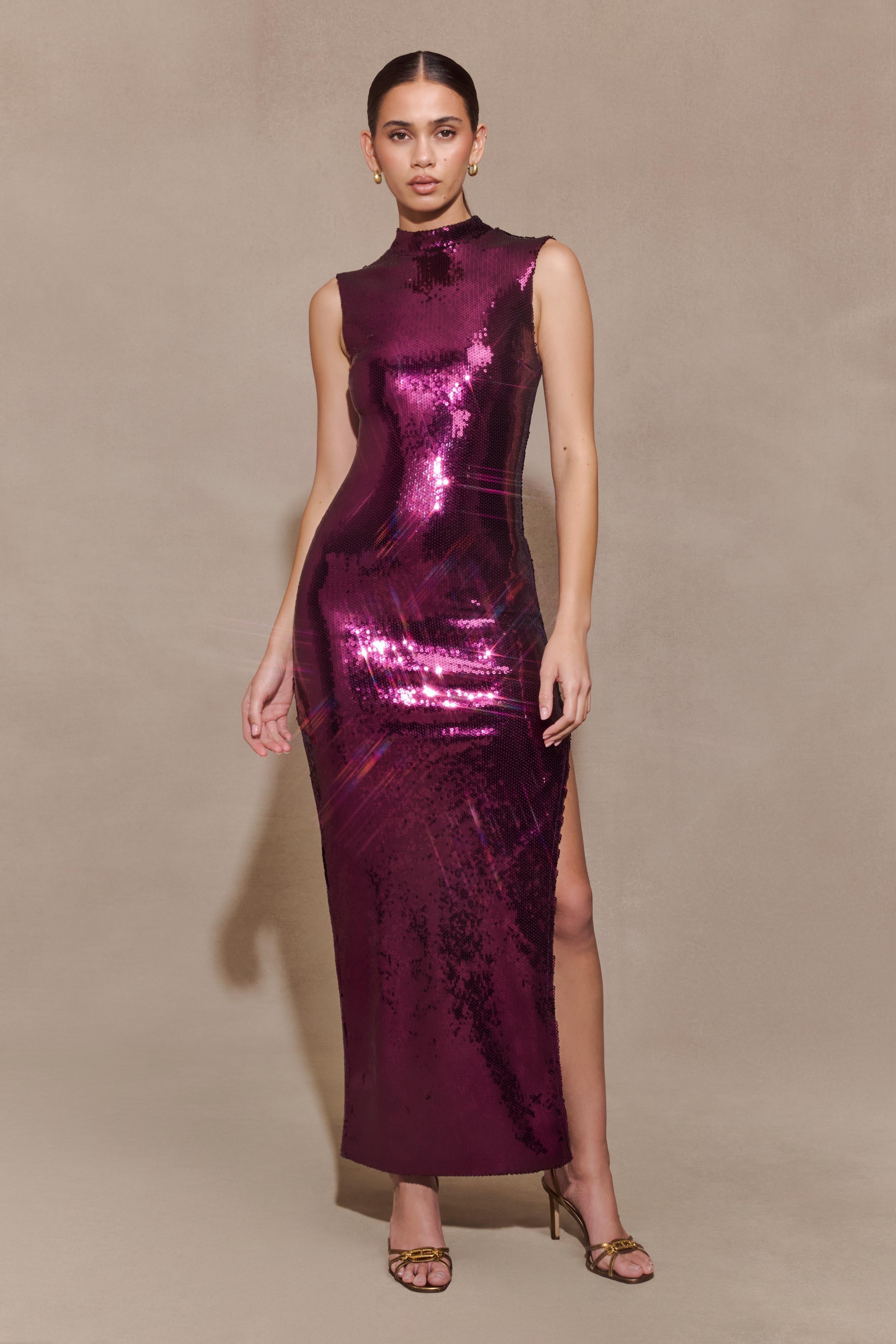 Veronica Sequin Midi Dress - Plum