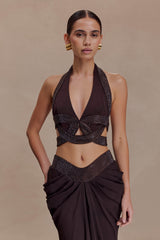 Siren Satin And Diamante Halter Top - Dark Chocolate