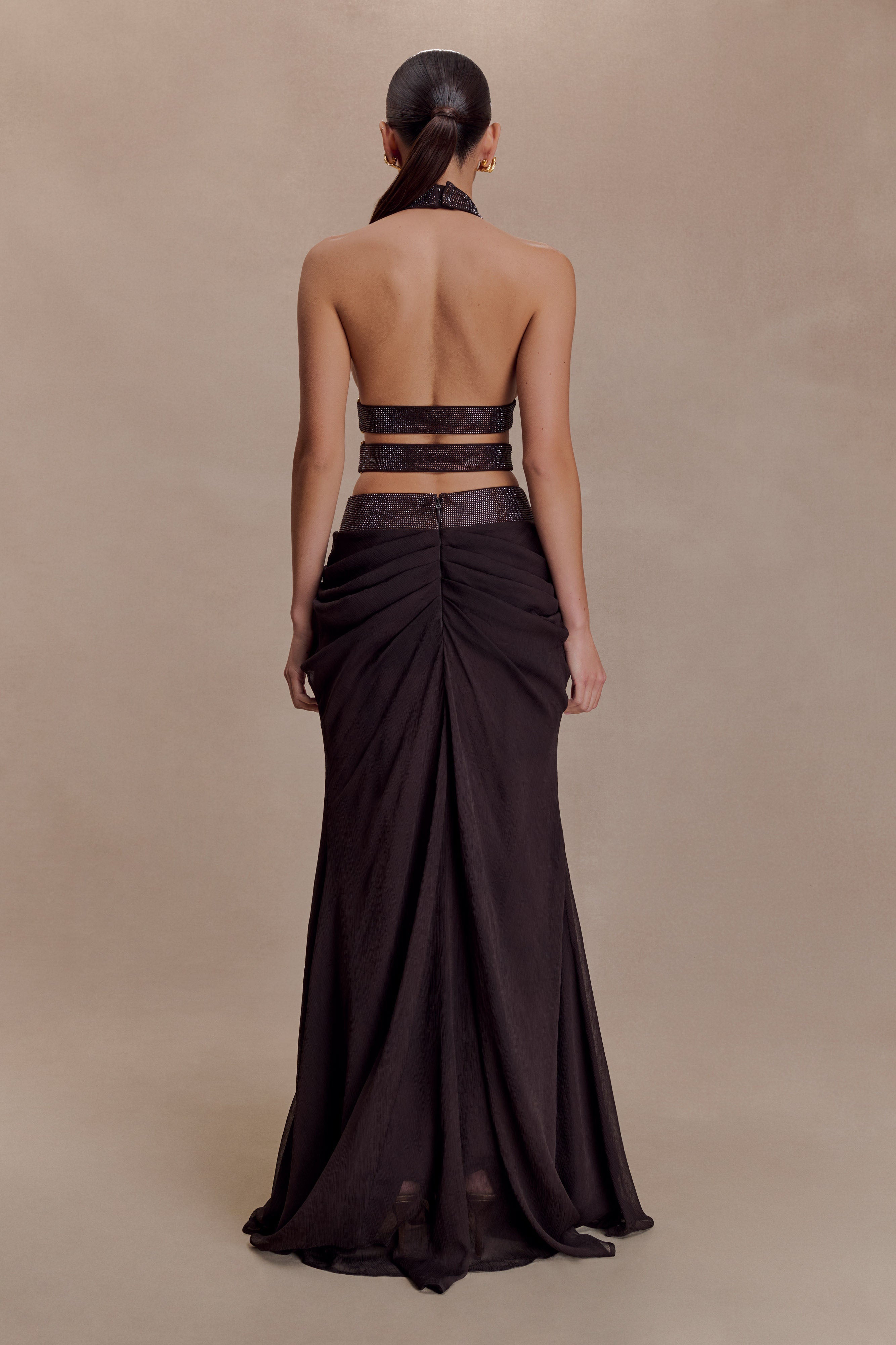 Siren Satin And Diamante Maxi Skirt - Dark Chocolate