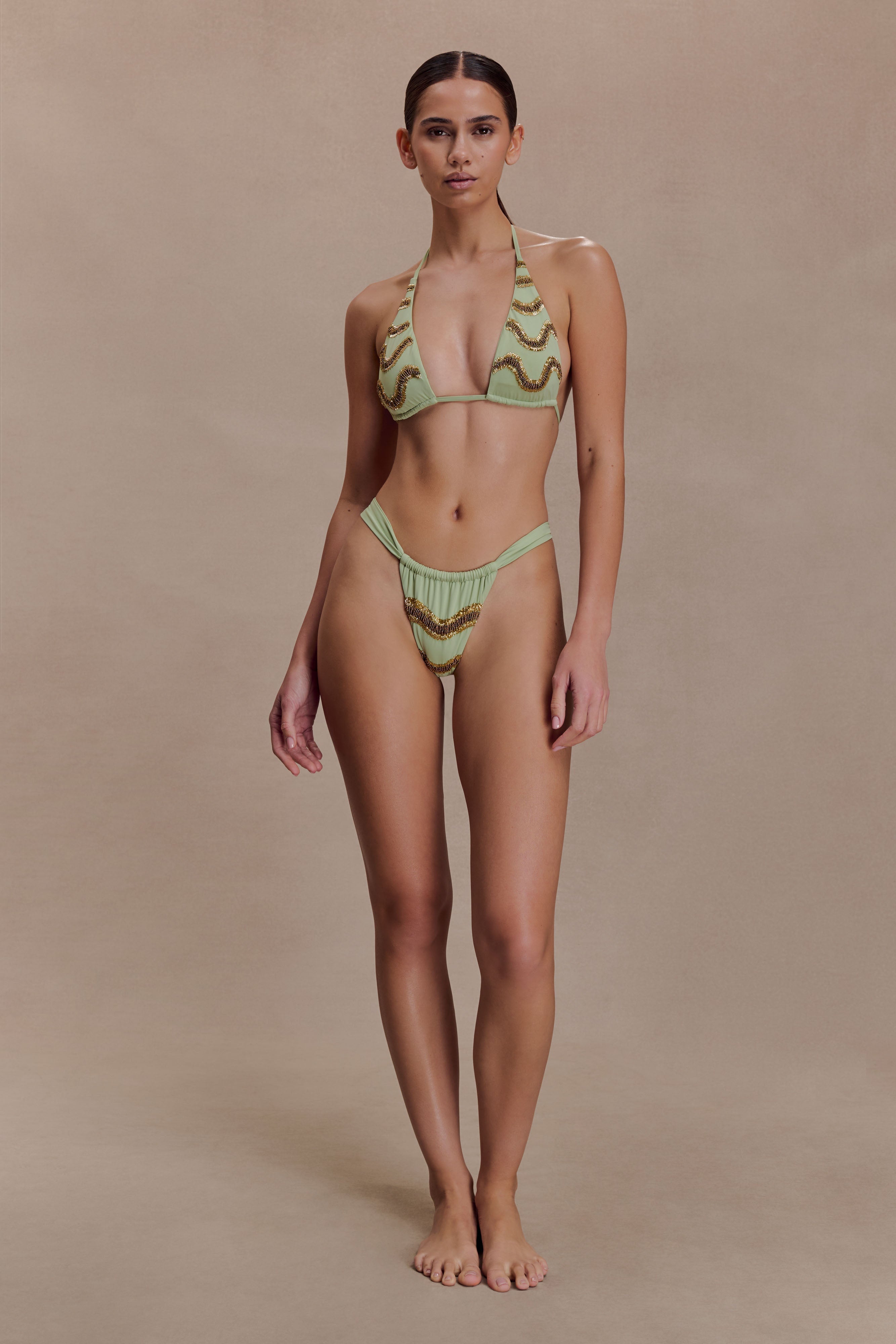 Robyn Beaded Triangle Bikini Top - Sage