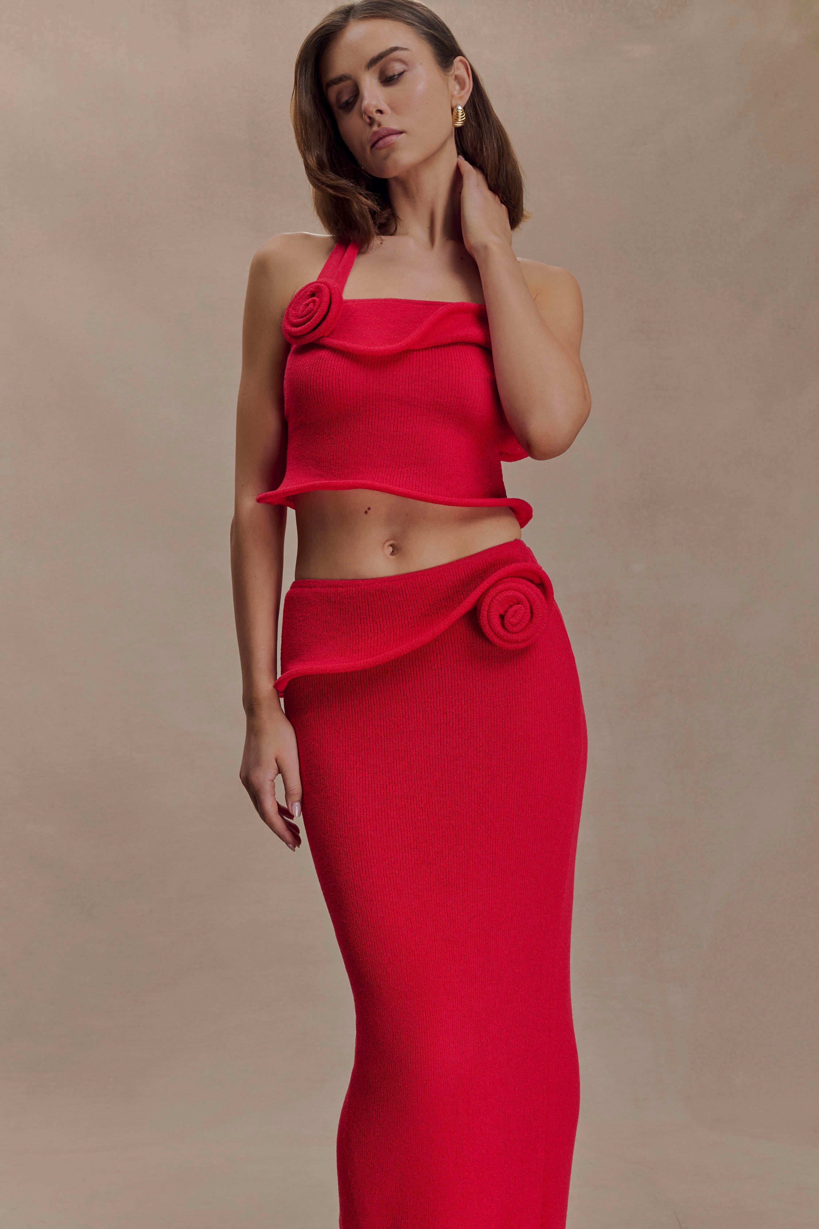 Samira Halter Knit Twist Top - Red