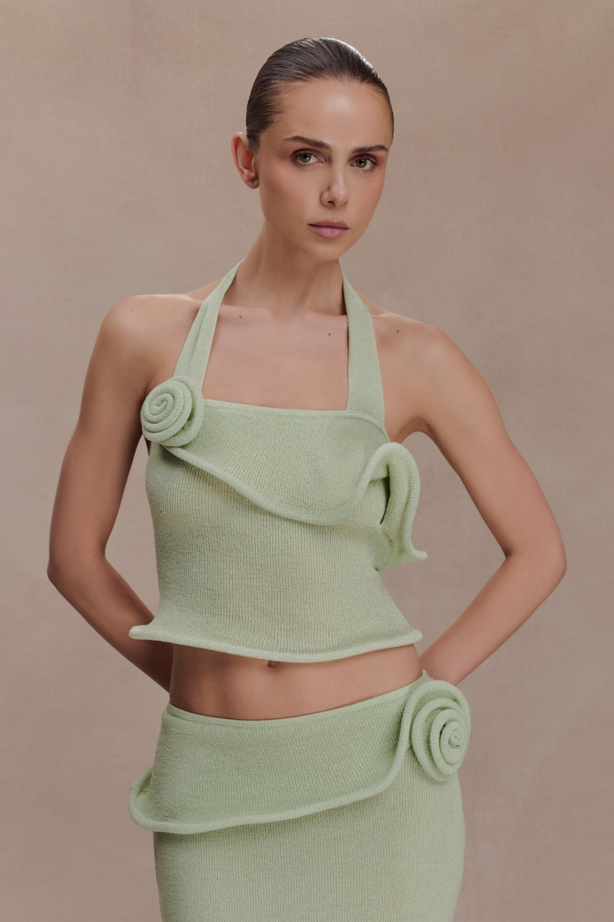 Samira Halter Knit Twist Top - Pastel Green