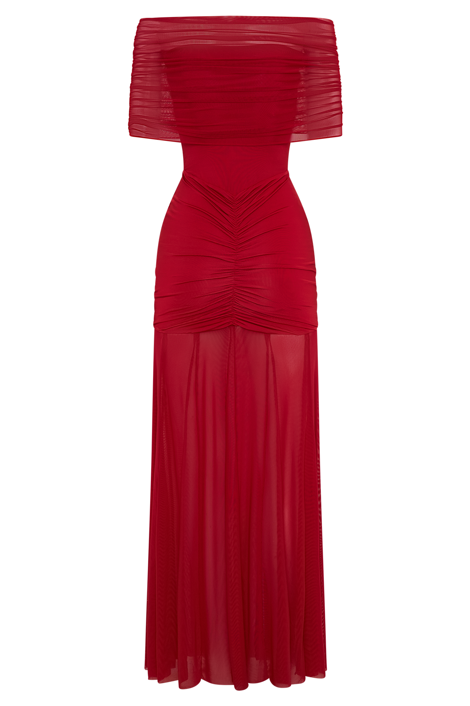 Caspian Slinky And Mesh Off Shoulder Maxi Dress - Ruby
