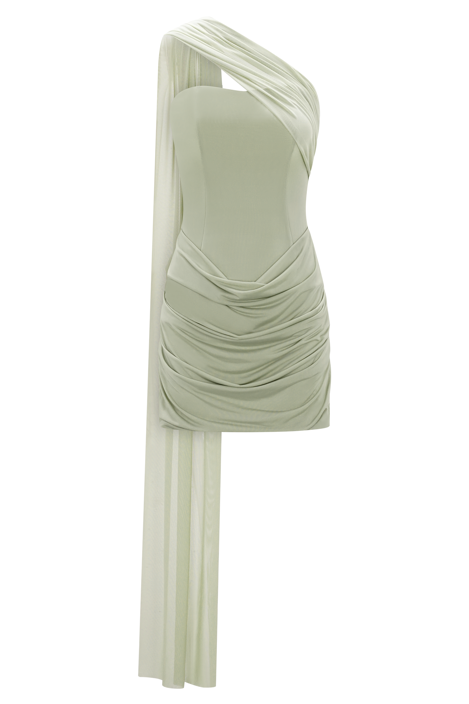 Mattea Slinky And Mesh Mini Dress With Scarf - Sage