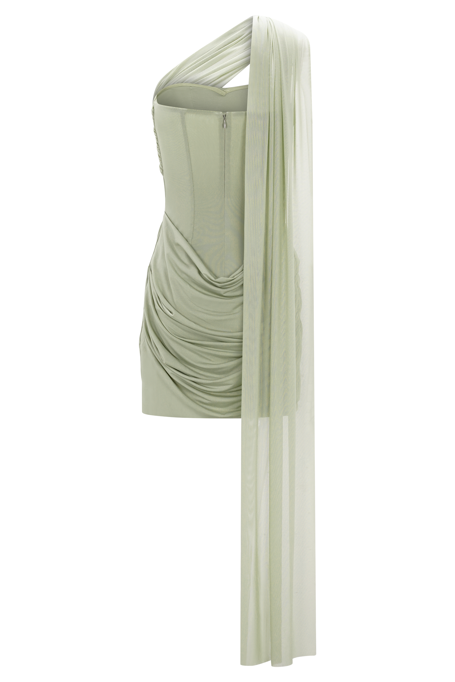 Mattea Slinky And Mesh Mini Dress With Scarf - Sage