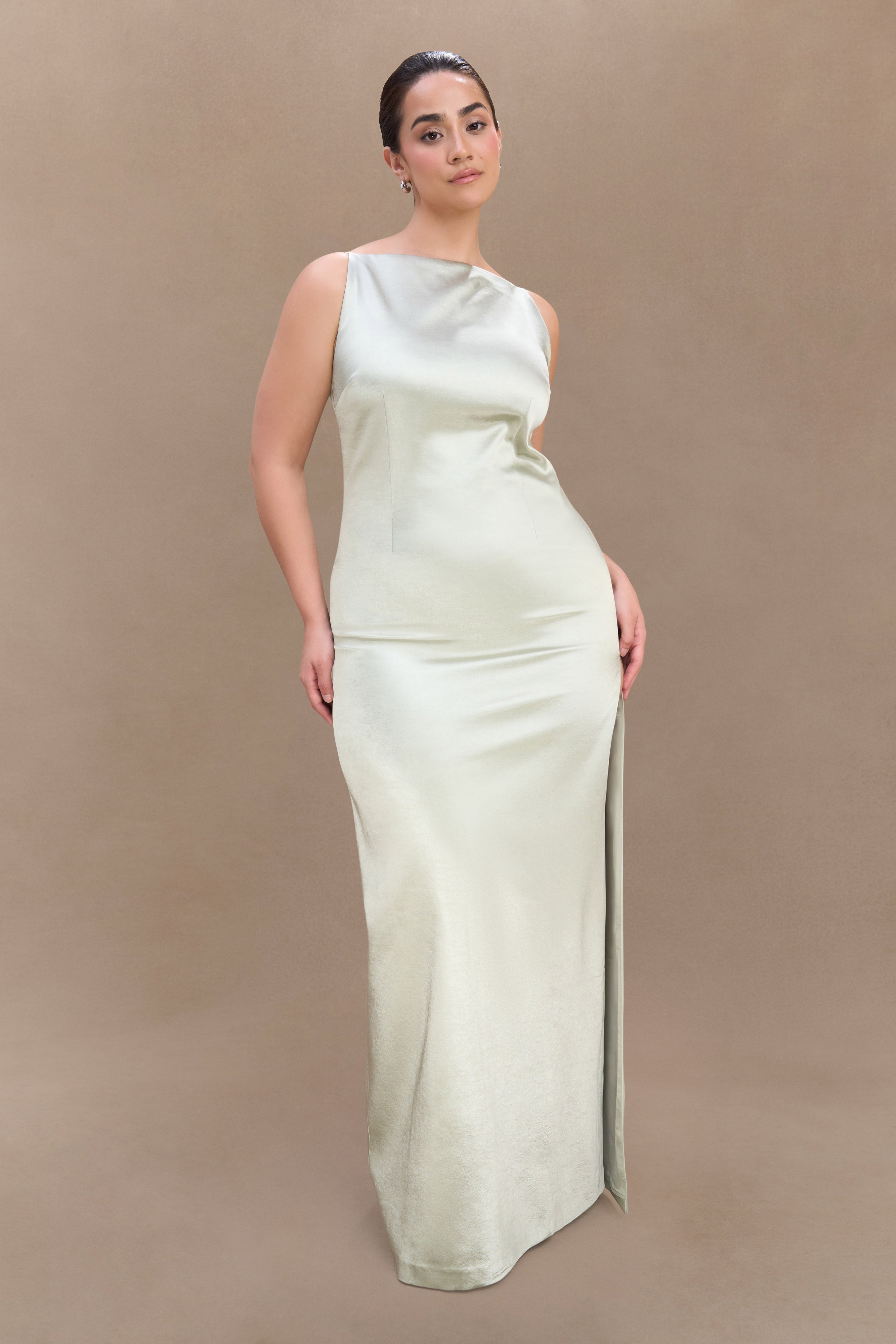 Violet Sleeveless Satin Maxi Dress - Sage