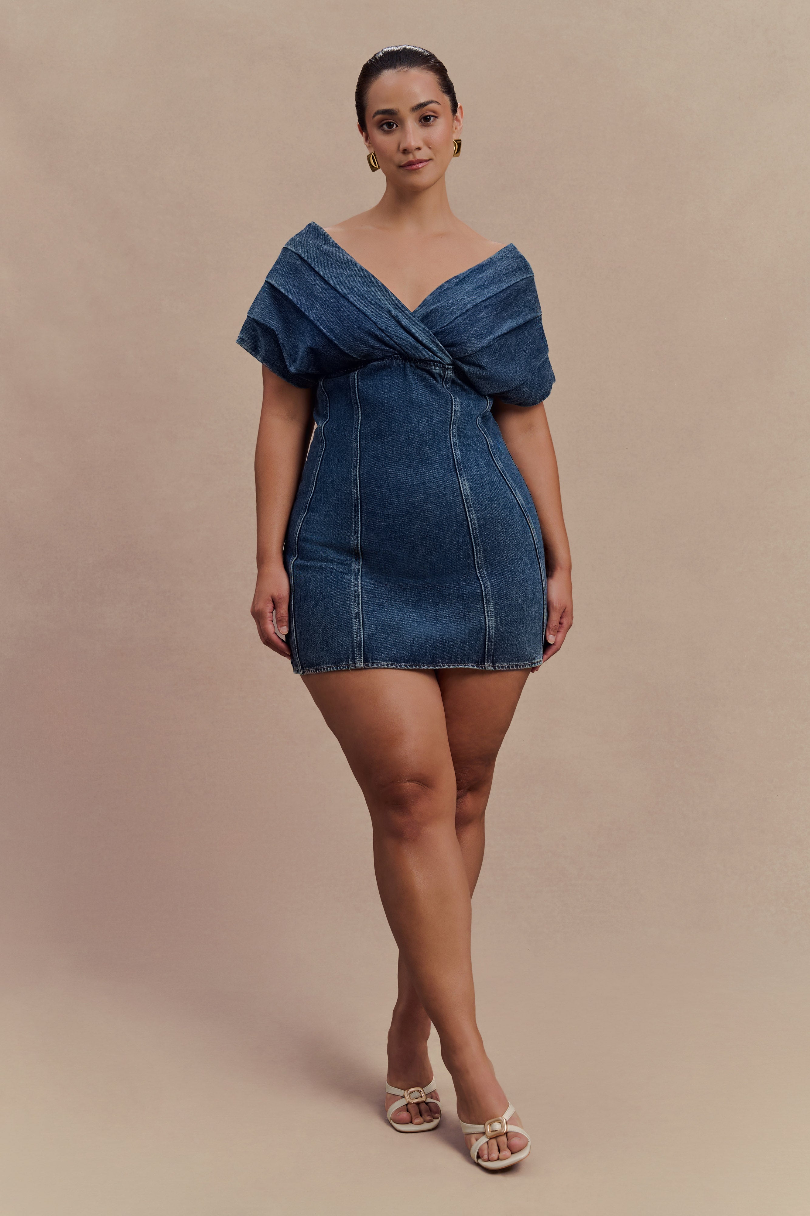 Pascale Off Shoulder Denim Mini Dress - Washed Dark Blue